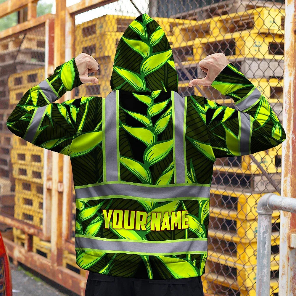 Hi Vis Zip Hoodie Reflective Tapes Green Neon Black Heliconia Custom Name Safety Workwear For Workers, Truckers, Operators