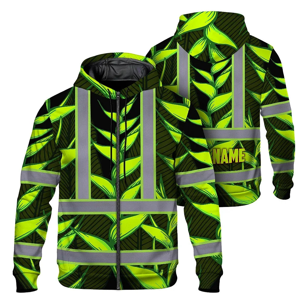 Hi Vis Zip Hoodie Reflective Tapes Green Neon Black Heliconia Custom Name Safety Workwear For Workers, Truckers, Operators