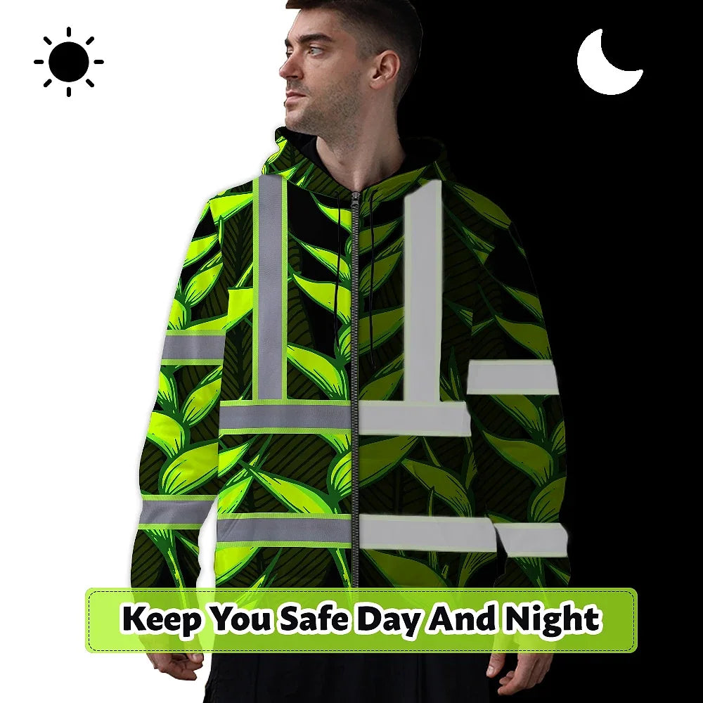 Hi Vis Zip Hoodie Reflective Tapes Green Neon Black Heliconia Custom Name Safety Workwear For Workers, Truckers, Operators