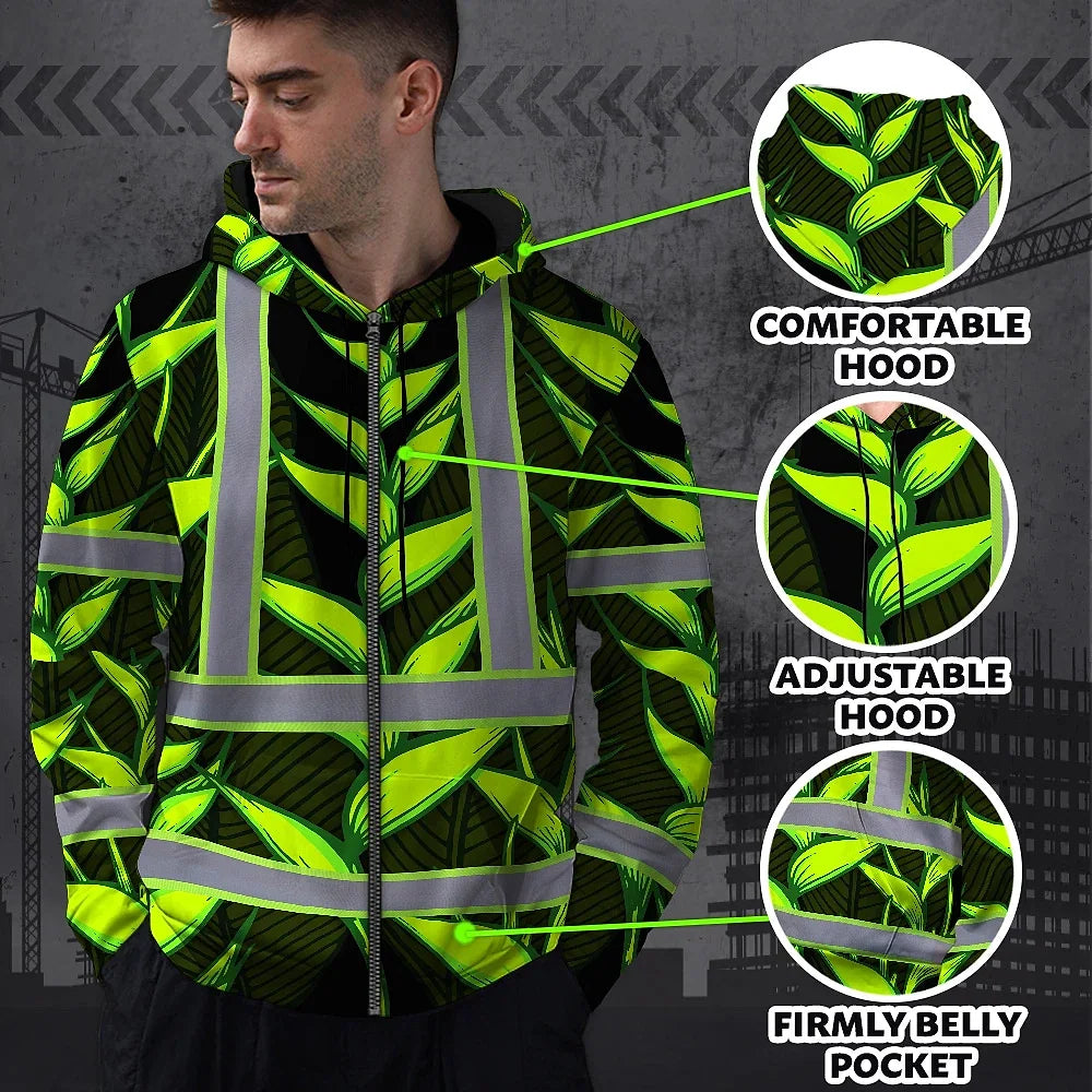 Hi Vis Zip Hoodie Reflective Tapes Green Neon Black Heliconia Custom Name Safety Workwear For Workers, Truckers, Operators