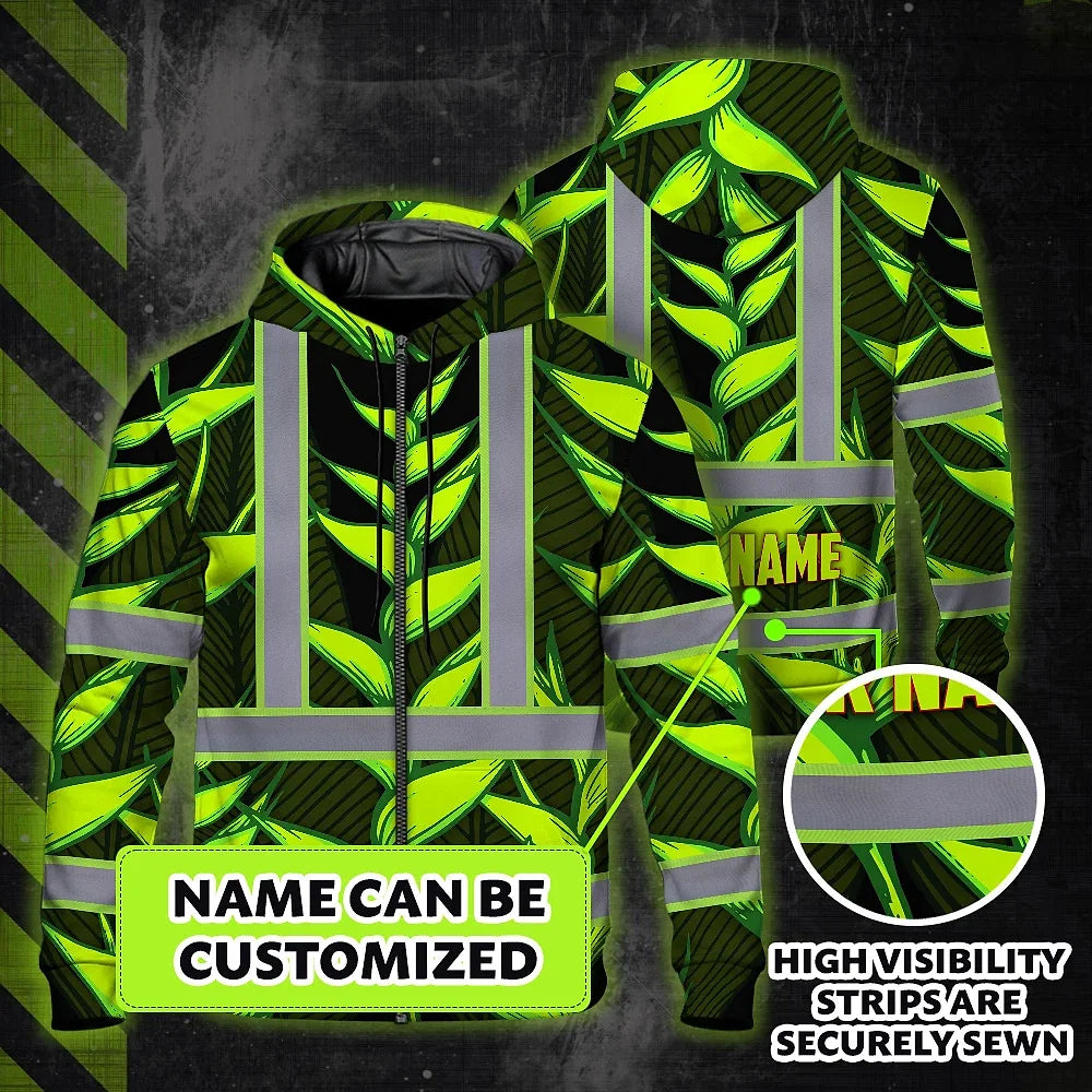 Hi Vis Zip Hoodie Reflective Tapes Green Neon Black Heliconia Custom Name Safety Workwear For Workers, Truckers, Operators