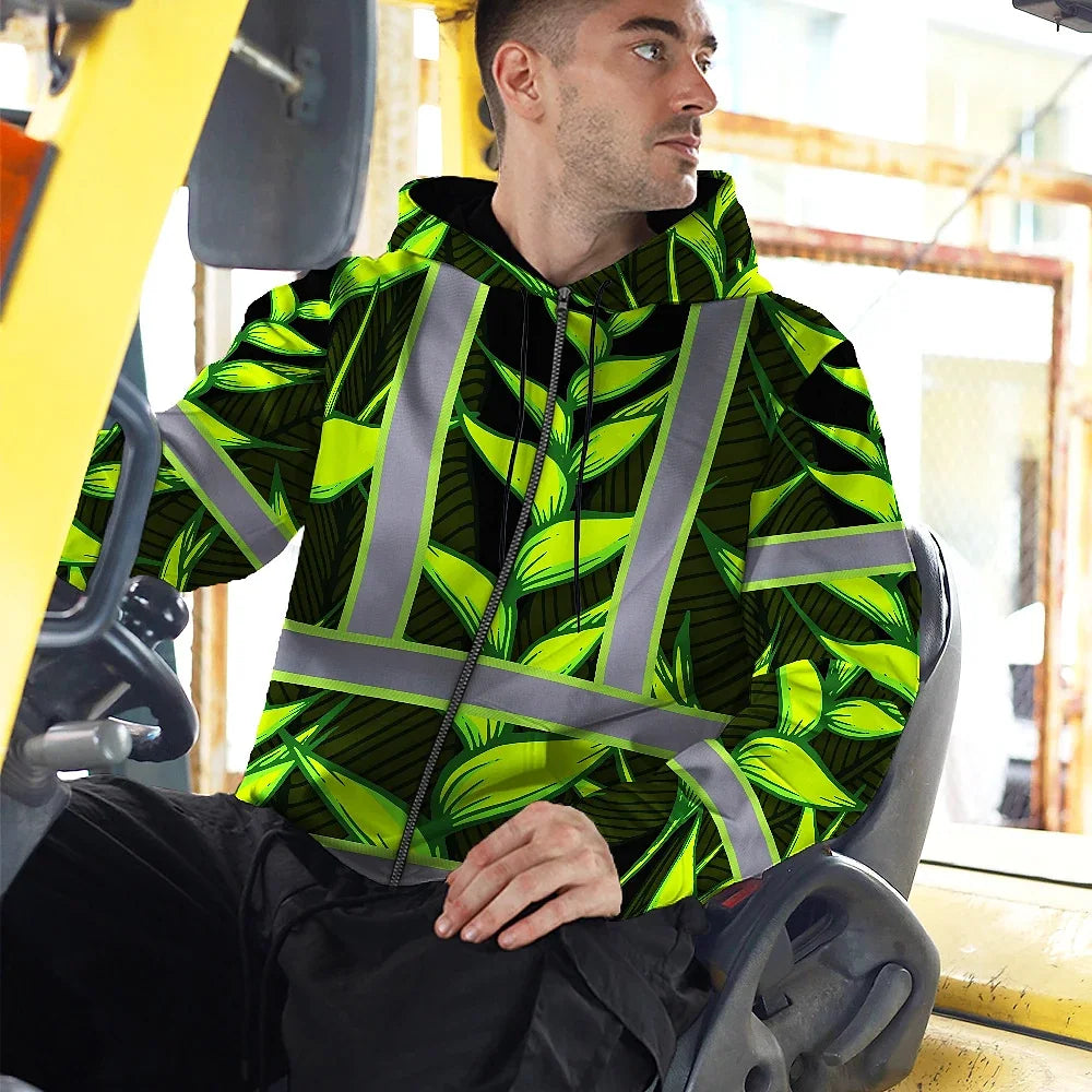 Hi Vis Zip Hoodie Reflective Tapes Green Neon Black Heliconia Custom Name Safety Workwear For Workers, Truckers, Operators