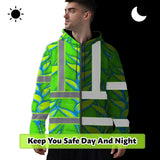 Hi Vis Zip Hoodie Reflective Tapes Green Neon Blue Heliconia Custom Name Safety Workwear For Workers, Truckers, Operators