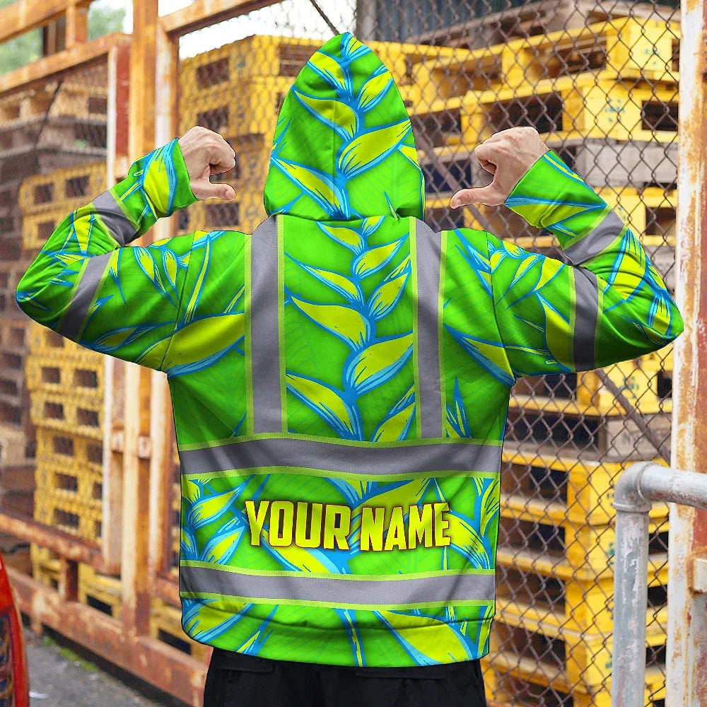 Hi Vis Zip Hoodie Reflective Tapes Green Neon Blue Heliconia Custom Name Safety Workwear For Workers, Truckers, Operators
