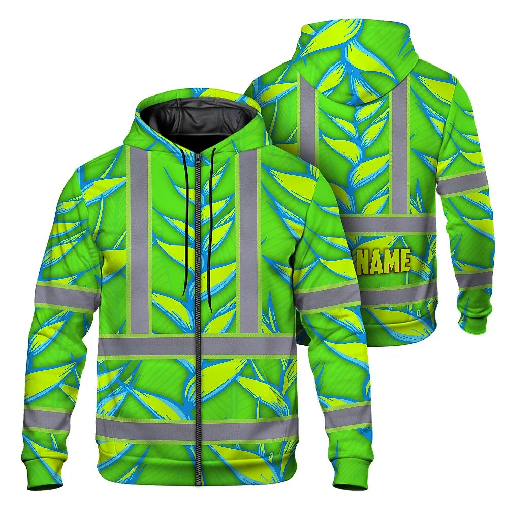 Hi Vis Zip Hoodie Reflective Tapes Green Neon Blue Heliconia Custom Name Safety Workwear For Workers, Truckers, Operators