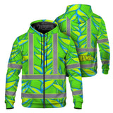Hi Vis Zip Hoodie Reflective Tapes Green Neon Blue Heliconia Custom Name Safety Workwear For Workers, Truckers, Operators