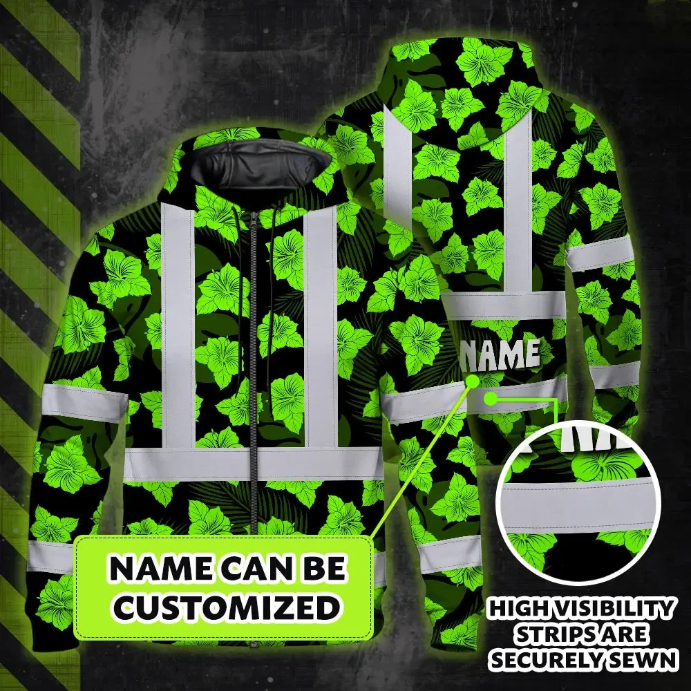 Hi Vis Zip Hoodie Reflective Tapes Green Neon Flowers 3 Custom Name Safety Workwear For Workers, Truckers, Operators