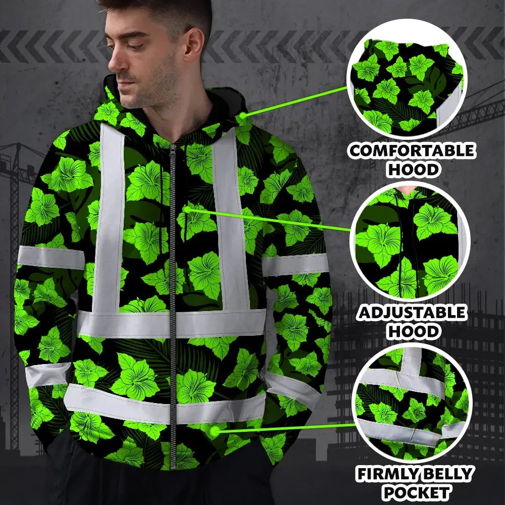 Hi Vis Zip Hoodie Reflective Tapes Green Neon Flowers 3 Custom Name Safety Workwear For Workers, Truckers, Operators