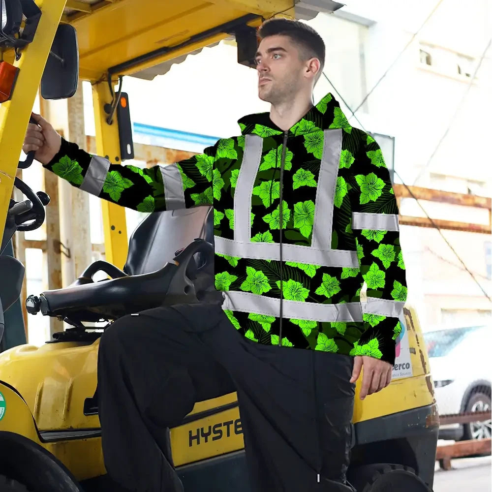 Hi Vis Zip Hoodie Reflective Tapes Green Neon Flowers 3 Custom Name Safety Workwear For Workers, Truckers, Operators