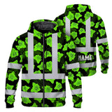 Hi Vis Zip Hoodie Reflective Tapes Green Neon Flowers 3 Custom Name Safety Workwear For Workers, Truckers, Operators