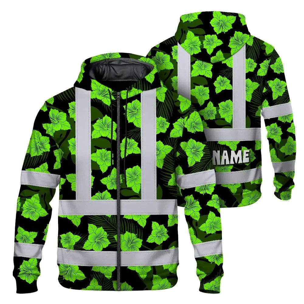 Hi Vis Zip Hoodie Reflective Tapes Green Neon Flowers 3 Custom Name Safety Workwear For Workers, Truckers, Operators