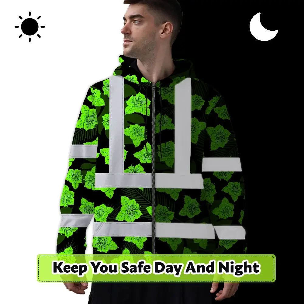 Hi Vis Zip Hoodie Reflective Tapes Green Neon Flowers 3 Custom Name Safety Workwear For Workers, Truckers, Operators