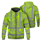 Hi Vis Zip Hoodie Reflective Tapes Green Neon Grey Protea Custom Name Safety Workwear For Workers, Truckers, Operators