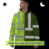 Hi Vis Zip Hoodie Reflective Tapes Green Neon Grey Protea Custom Name Safety Workwear For Workers, Truckers, Operators
