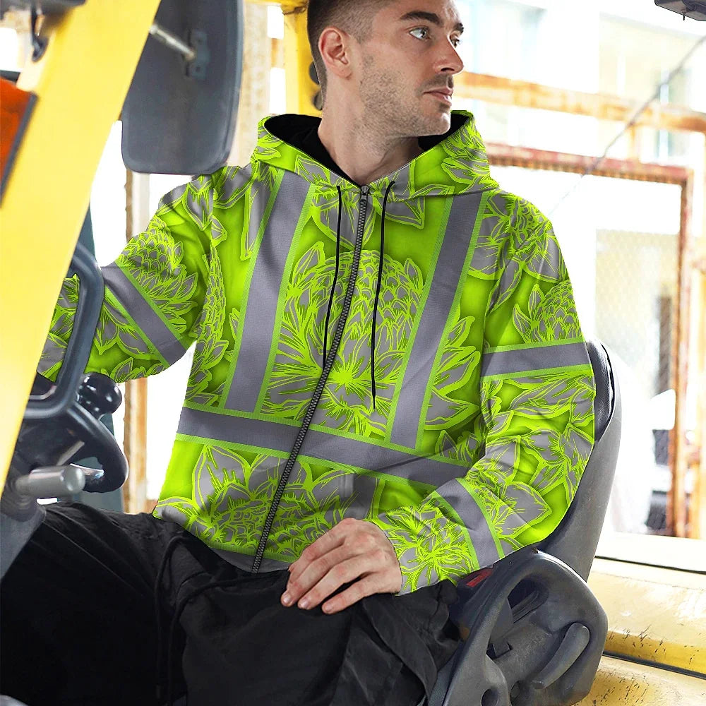 Hi Vis Zip Hoodie Reflective Tapes Green Neon Grey Protea Custom Name Safety Workwear For Workers, Truckers, Operators