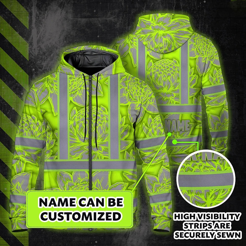 Hi Vis Zip Hoodie Reflective Tapes Green Neon Grey Protea Custom Name Safety Workwear For Workers, Truckers, Operators