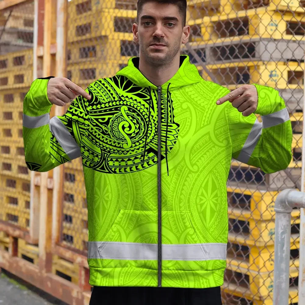 Hi Vis Zip Hoodie Reflective Tapes Green Neon Hawaii 2 Custom Name Safety Workwear For Workers, Truckers, Operators