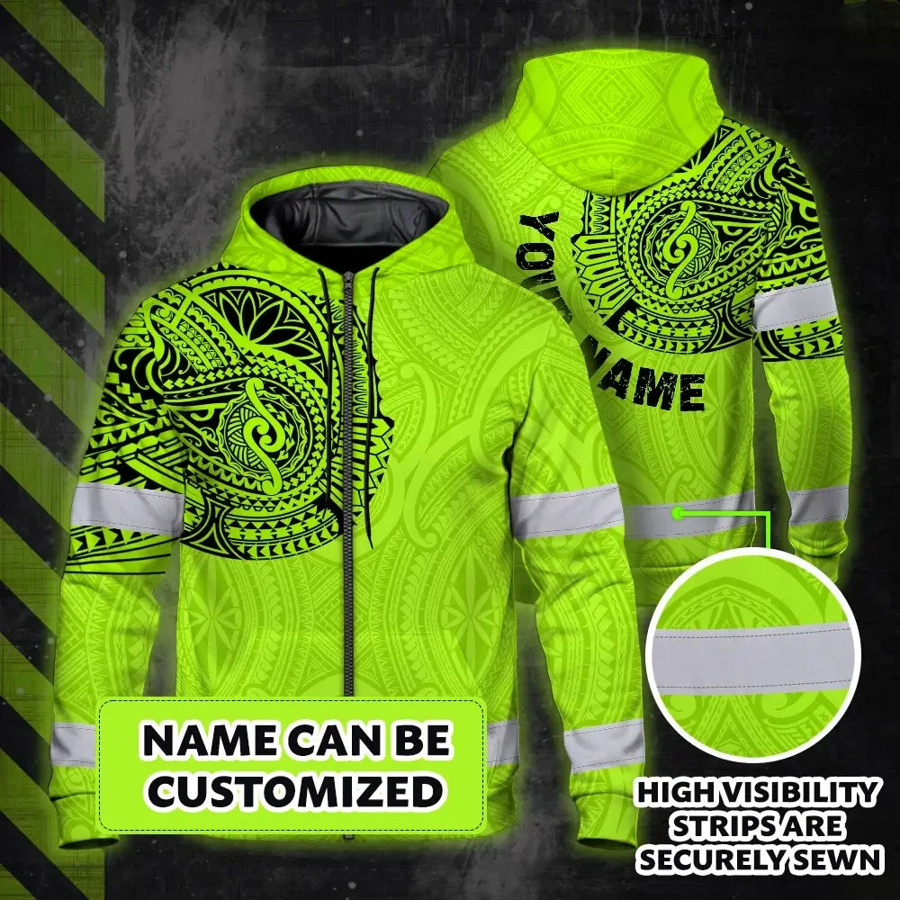 Hi Vis Zip Hoodie Reflective Tapes Green Neon Hawaii 2 Custom Name Safety Workwear For Workers, Truckers, Operators