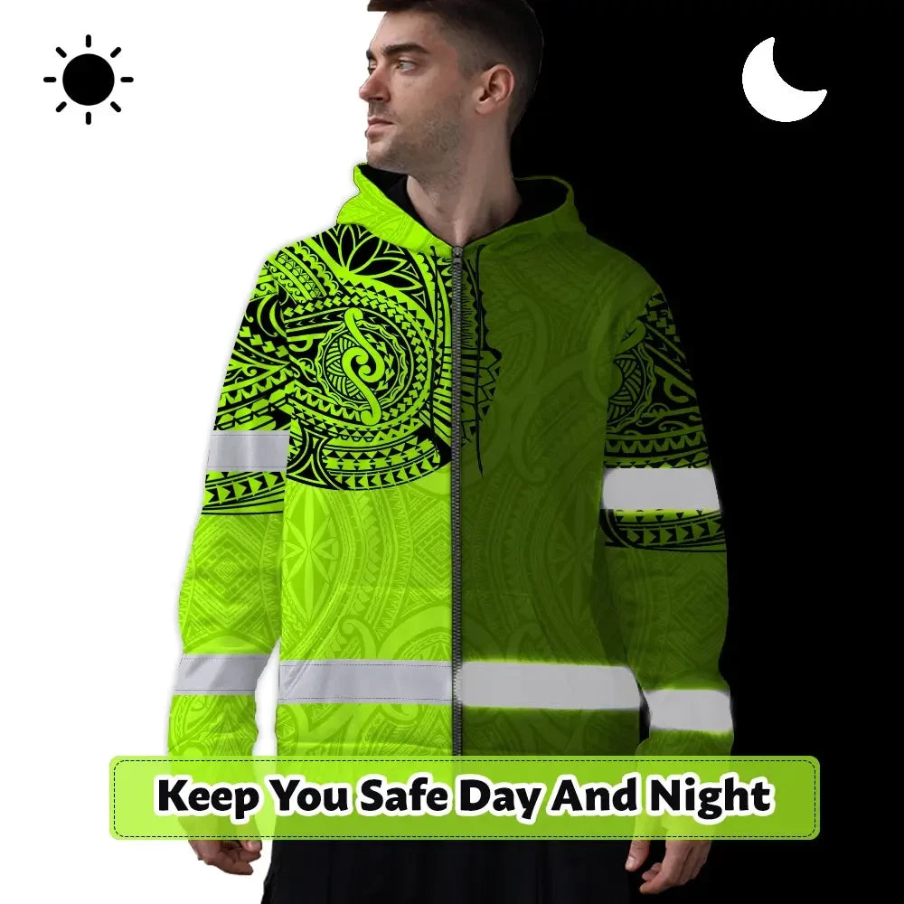 Hi Vis Zip Hoodie Reflective Tapes Green Neon Hawaii 2 Custom Name Safety Workwear For Workers, Truckers, Operators