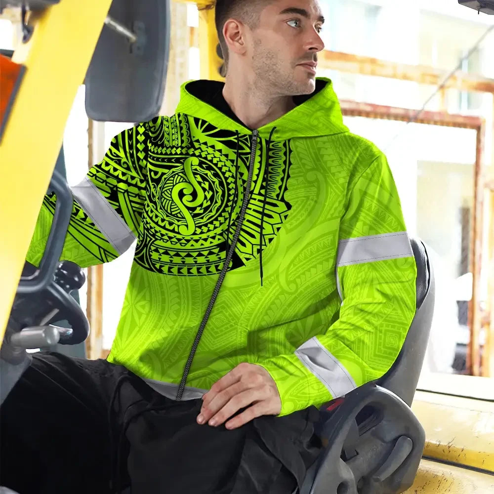 Hi Vis Zip Hoodie Reflective Tapes Green Neon Hawaii 2 Custom Name Safety Workwear For Workers, Truckers, Operators