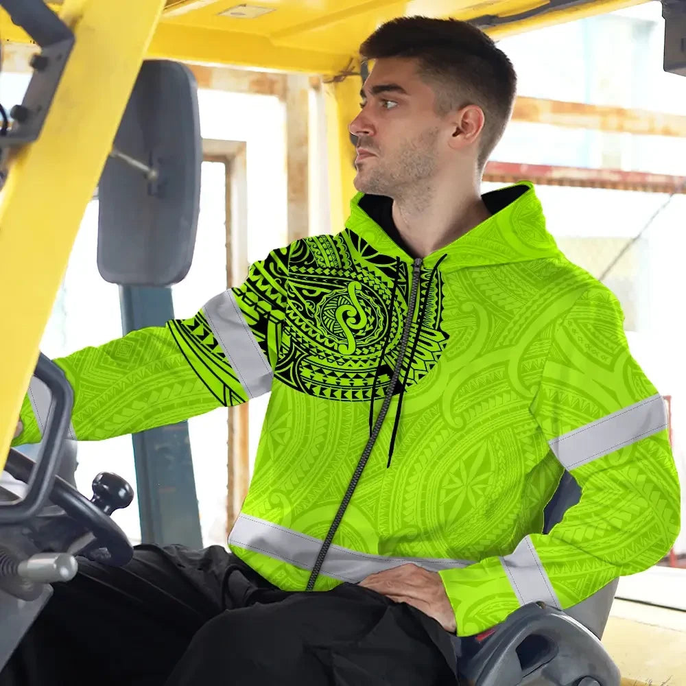 Hi Vis Zip Hoodie Reflective Tapes Green Neon Hawaii 2 Custom Name Safety Workwear For Workers, Truckers, Operators