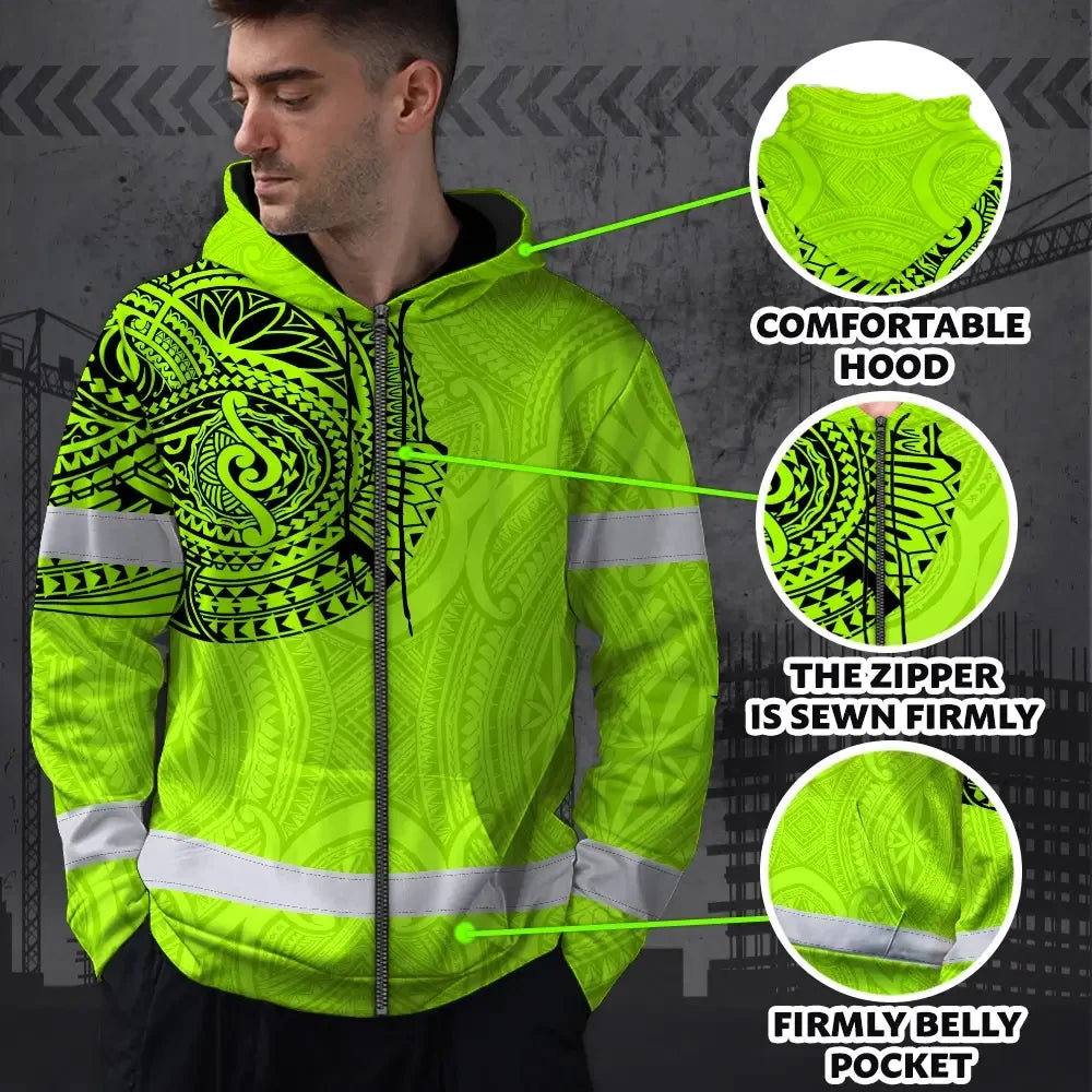 Hi Vis Zip Hoodie Reflective Tapes Green Neon Hawaii 2 Custom Name Safety Workwear For Workers, Truckers, Operators