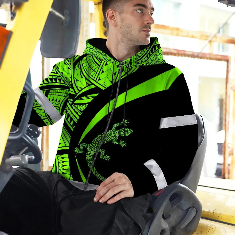 Hi Vis Zip Hoodie Reflective Tapes Green Neon Hawaii Custom Name Safety Workwear For Workers, Truckers, Operators