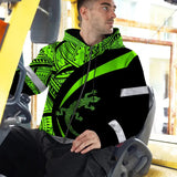 Hi Vis Zip Hoodie Reflective Tapes Green Neon Hawaii Custom Name Safety Workwear For Workers, Truckers, Operators
