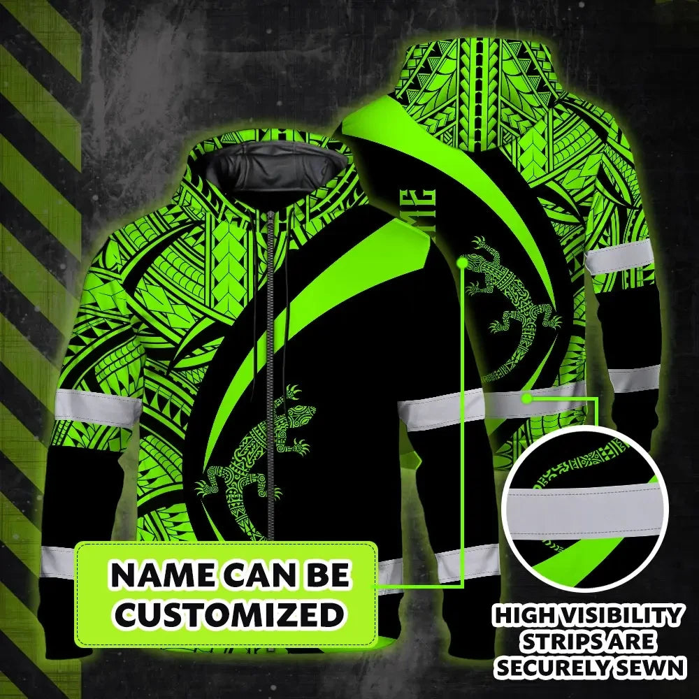 Hi Vis Zip Hoodie Reflective Tapes Green Neon Hawaii Custom Name Safety Workwear For Workers, Truckers, Operators