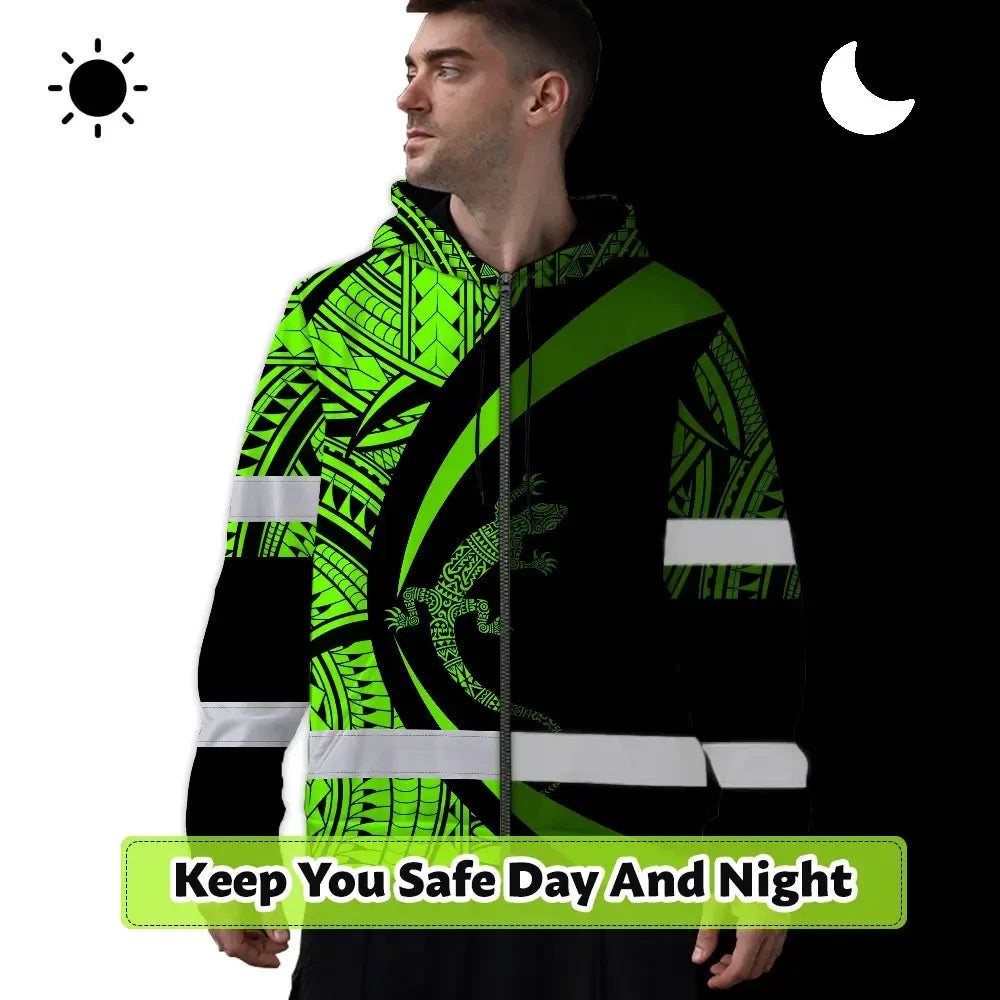 Hi Vis Zip Hoodie Reflective Tapes Green Neon Hawaii Custom Name Safety Workwear For Workers, Truckers, Operators