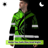 Hi Vis Zip Hoodie Reflective Tapes Green Neon Hawaii Custom Name Safety Workwear For Workers, Truckers, Operators