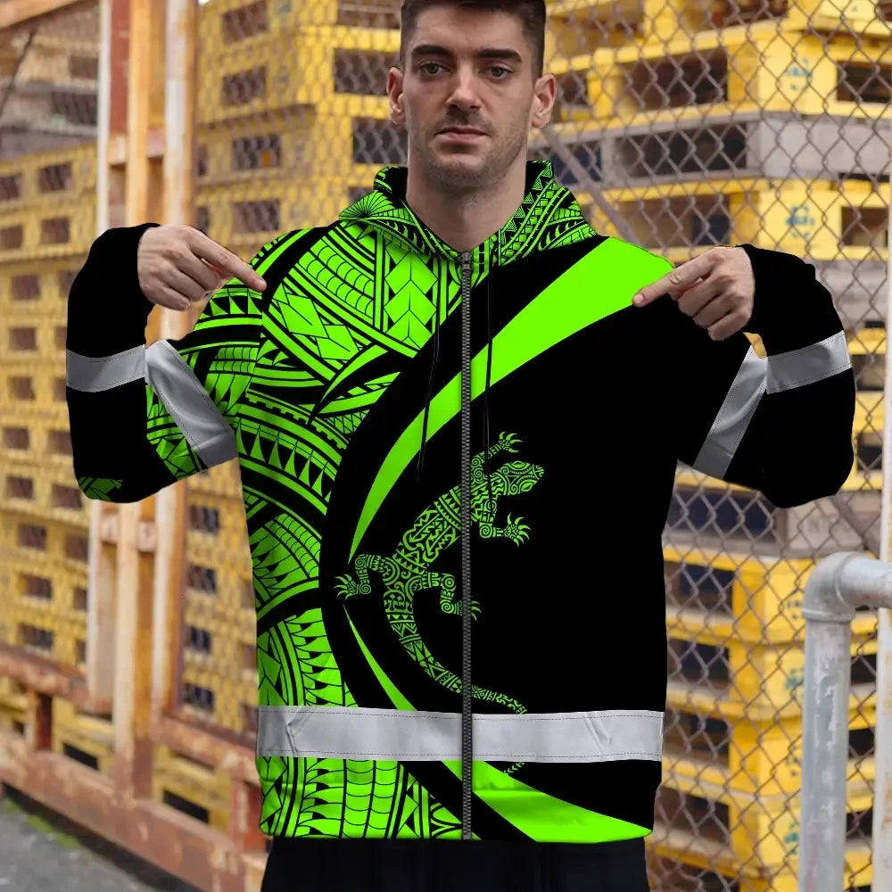 Hi Vis Zip Hoodie Reflective Tapes Green Neon Hawaii Custom Name Safety Workwear For Workers, Truckers, Operators