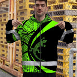 Hi Vis Zip Hoodie Reflective Tapes Green Neon Hawaii Custom Name Safety Workwear For Workers, Truckers, Operators
