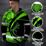 Hi Vis Zip Hoodie Reflective Tapes Green Neon Hawaii Custom Name Safety Workwear For Workers, Truckers, Operators