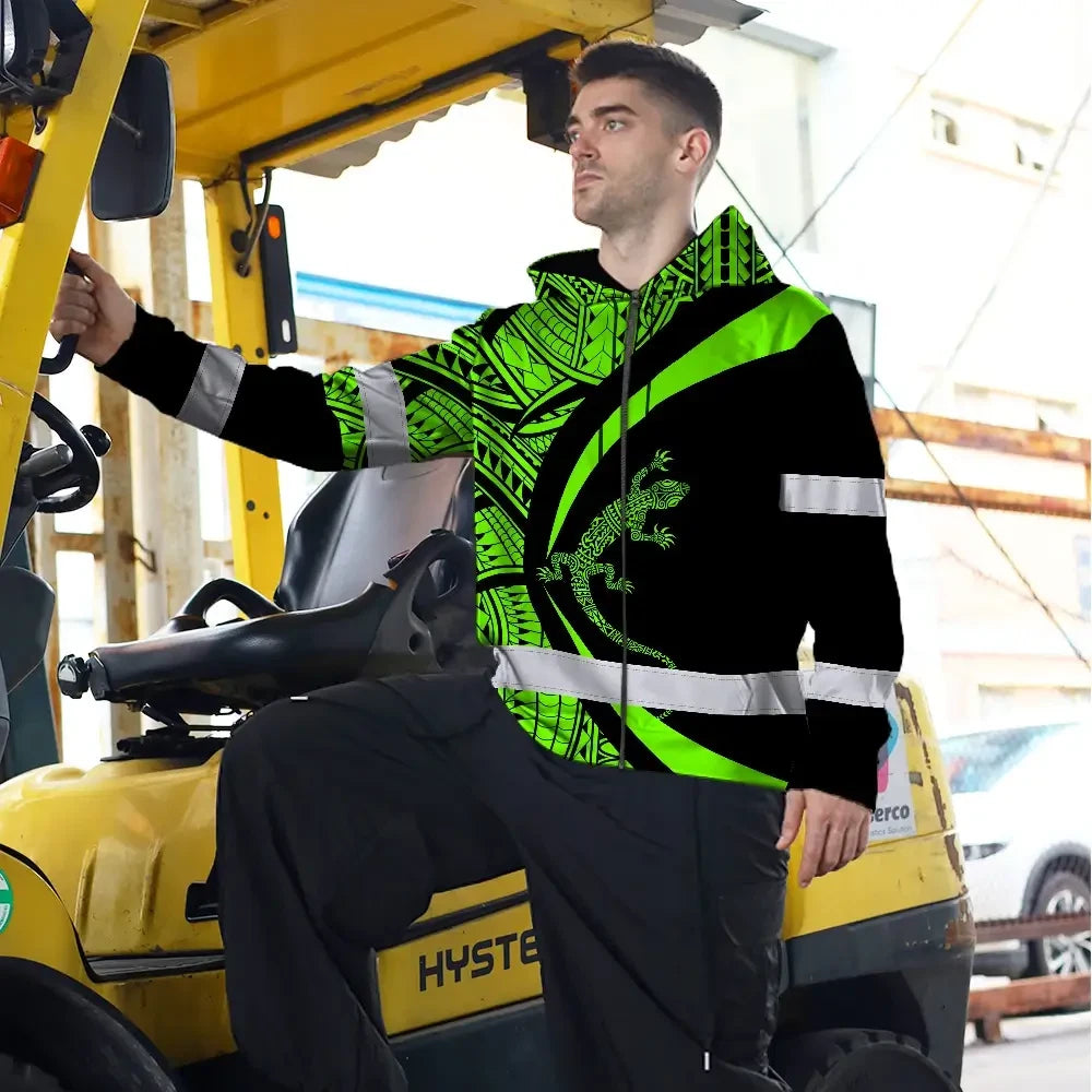Hi Vis Zip Hoodie Reflective Tapes Green Neon Hawaii Custom Name Safety Workwear For Workers, Truckers, Operators