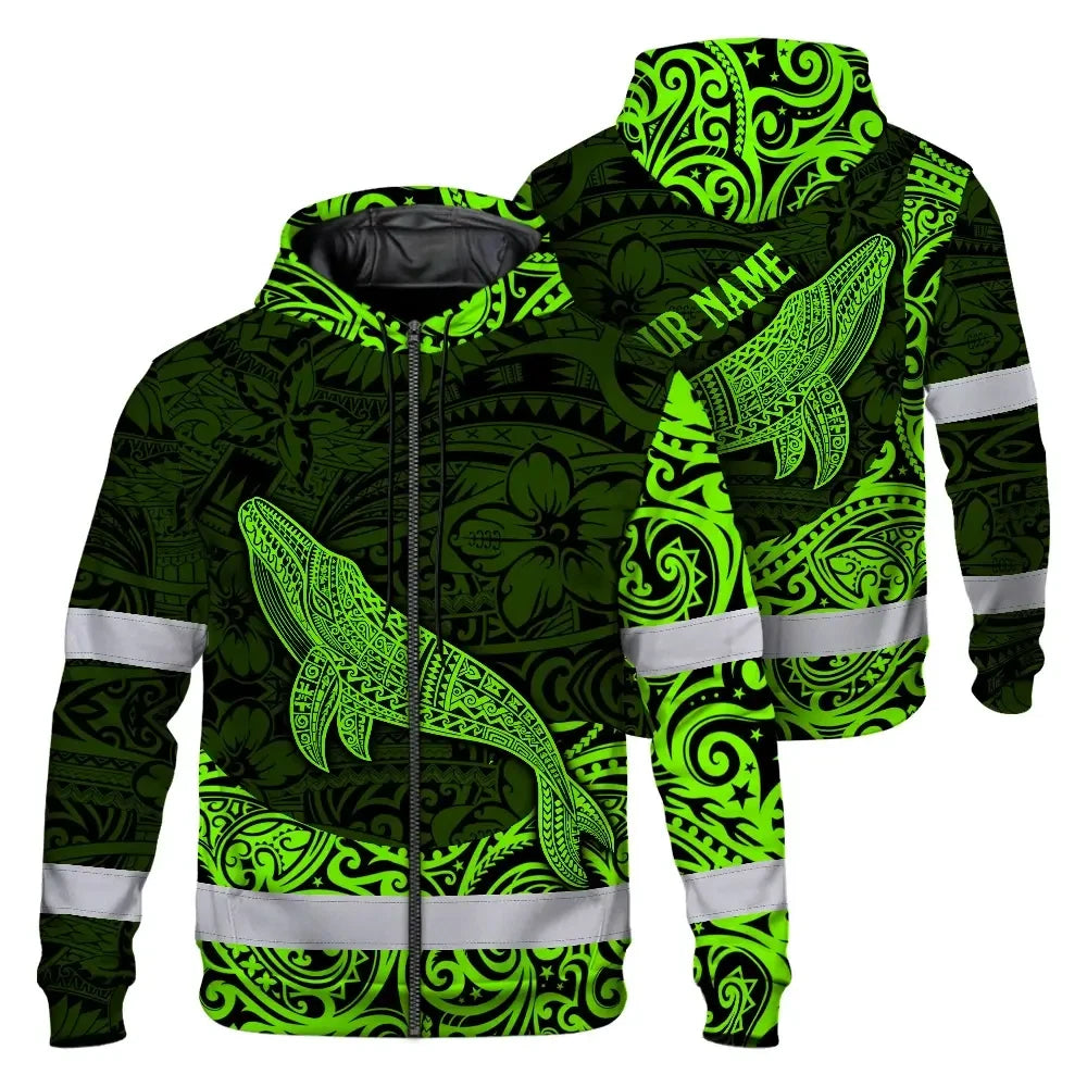 Hi Vis Zip Hoodie Reflective Tapes Green Neon Hawaii Whale Custom Name Safety Workwear For Workers, Truckers, Operators