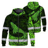 Hi Vis Zip Hoodie Reflective Tapes Green Neon Hawaii Whale Custom Name Safety Workwear For Workers, Truckers, Operators
