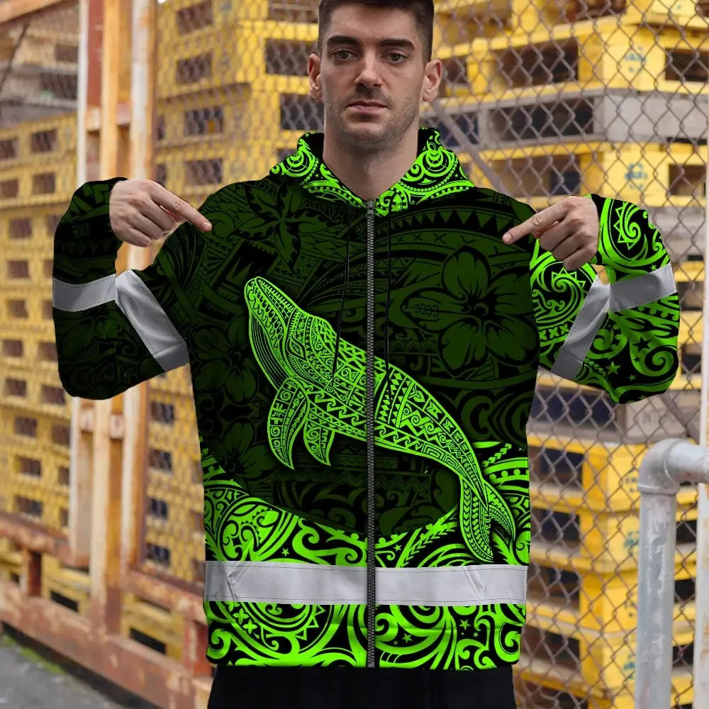 Hi Vis Zip Hoodie Reflective Tapes Green Neon Hawaii Whale Custom Name Safety Workwear For Workers, Truckers, Operators