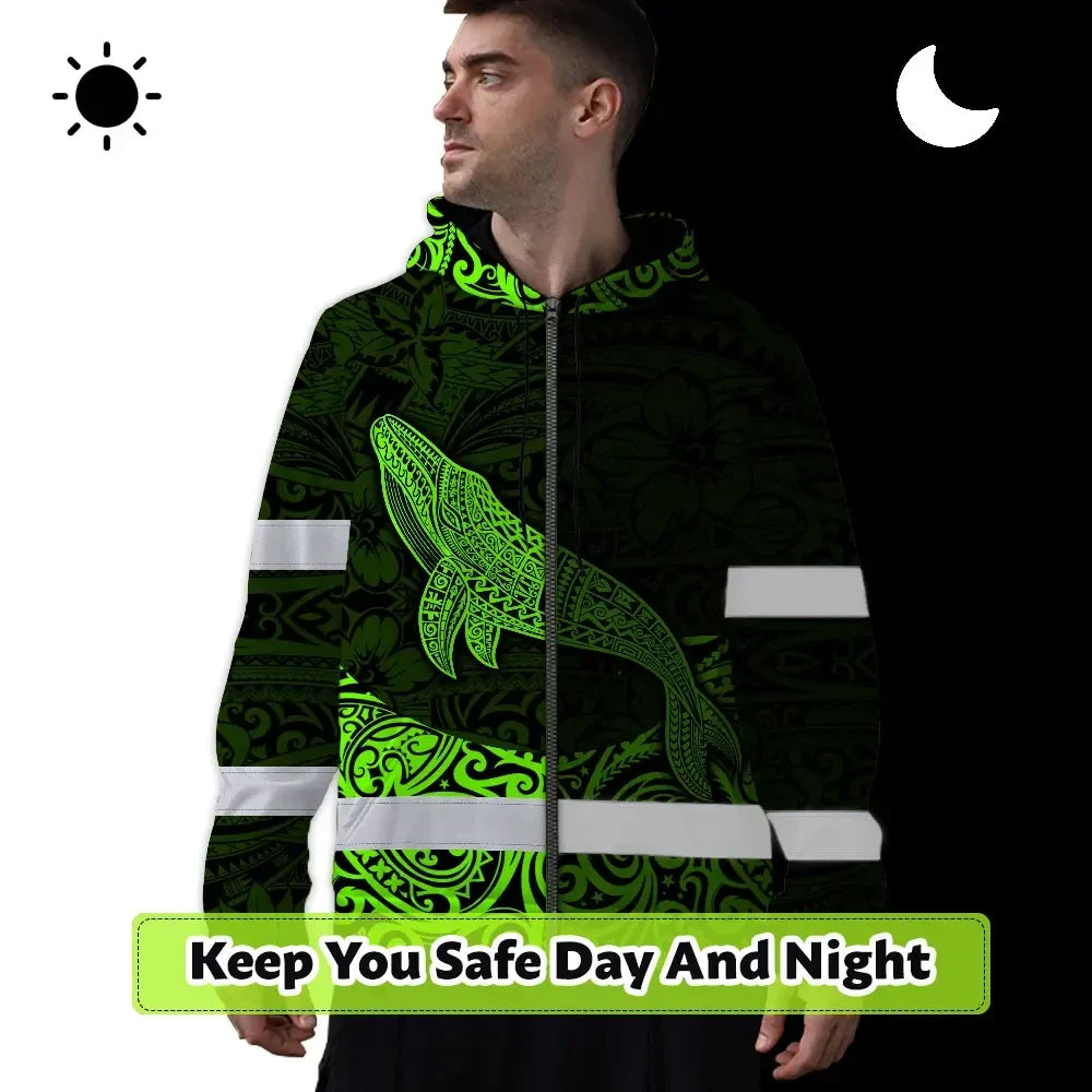 Hi Vis Zip Hoodie Reflective Tapes Green Neon Hawaii Whale Custom Name Safety Workwear For Workers, Truckers, Operators