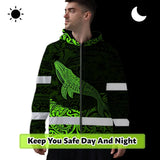Hi Vis Zip Hoodie Reflective Tapes Green Neon Hawaii Whale Custom Name Safety Workwear For Workers, Truckers, Operators