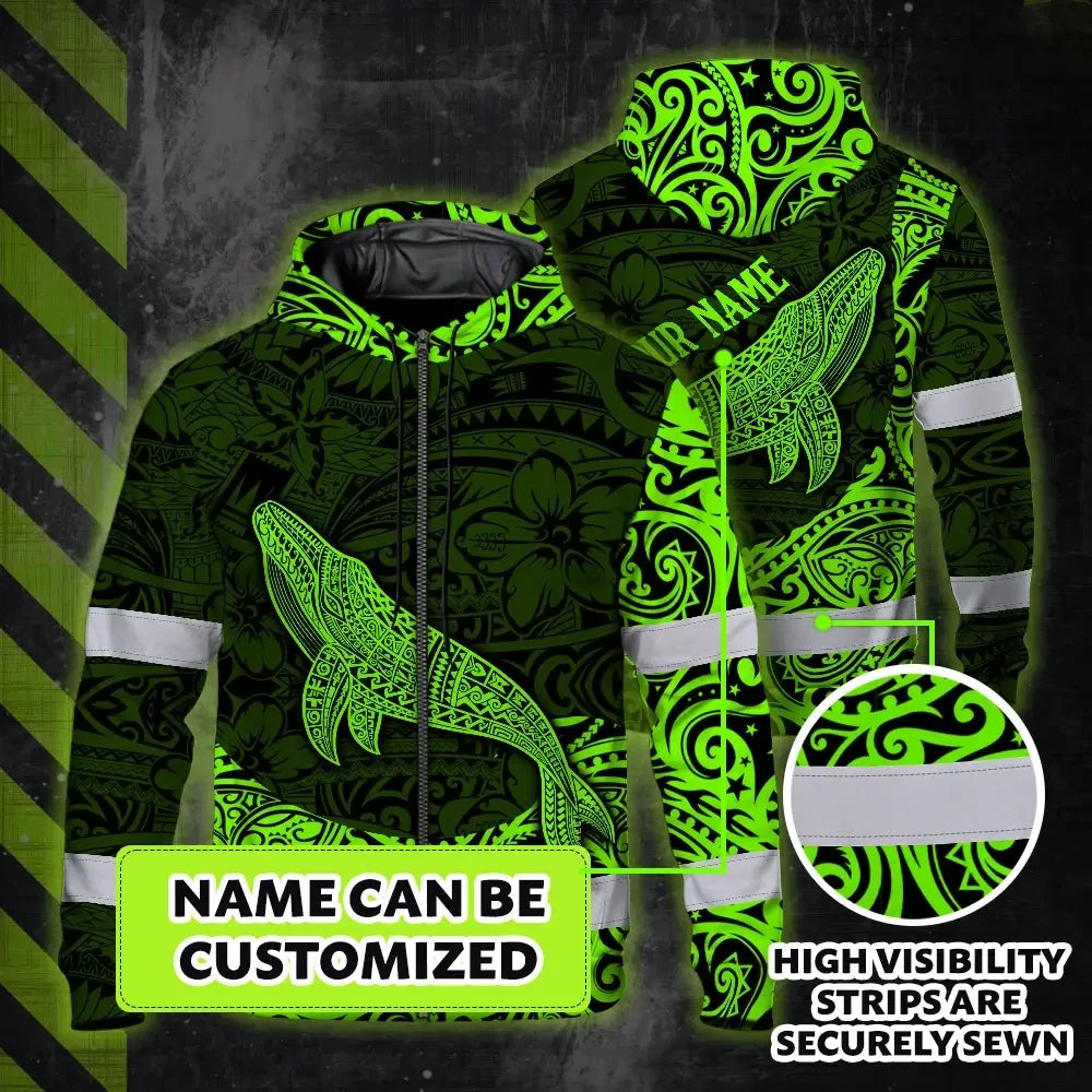 Hi Vis Zip Hoodie Reflective Tapes Green Neon Hawaii Whale Custom Name Safety Workwear For Workers, Truckers, Operators