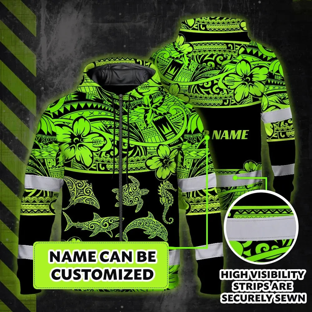 Hi Vis Zip Hoodie Reflective Tapes Green Neon Hawaiian Polynesian Tribal Custom Name Safety Workwear For Workers, Truckers, Operators