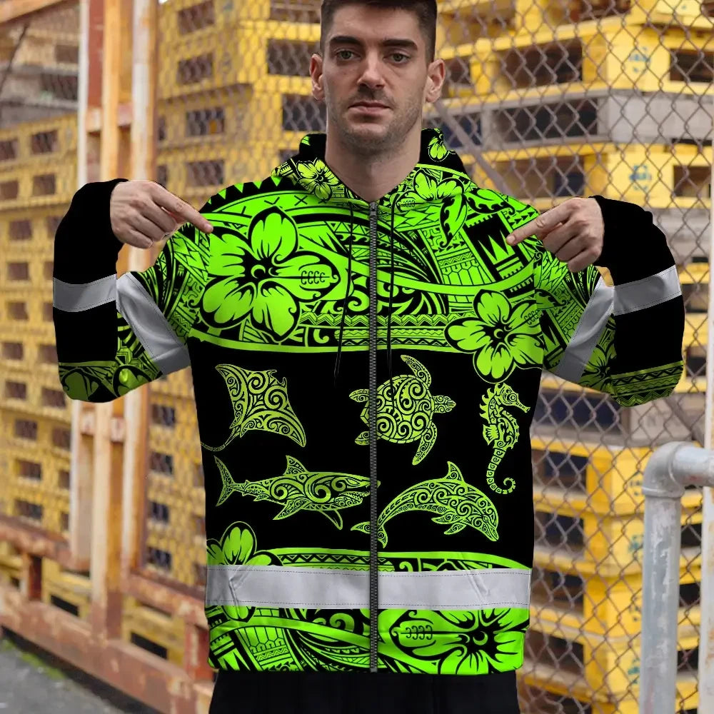 Hi Vis Zip Hoodie Reflective Tapes Green Neon Hawaiian Polynesian Tribal Custom Name Safety Workwear For Workers, Truckers, Operators