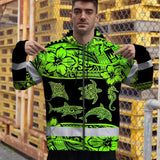 Hi Vis Zip Hoodie Reflective Tapes Green Neon Hawaiian Polynesian Tribal Custom Name Safety Workwear For Workers, Truckers, Operators