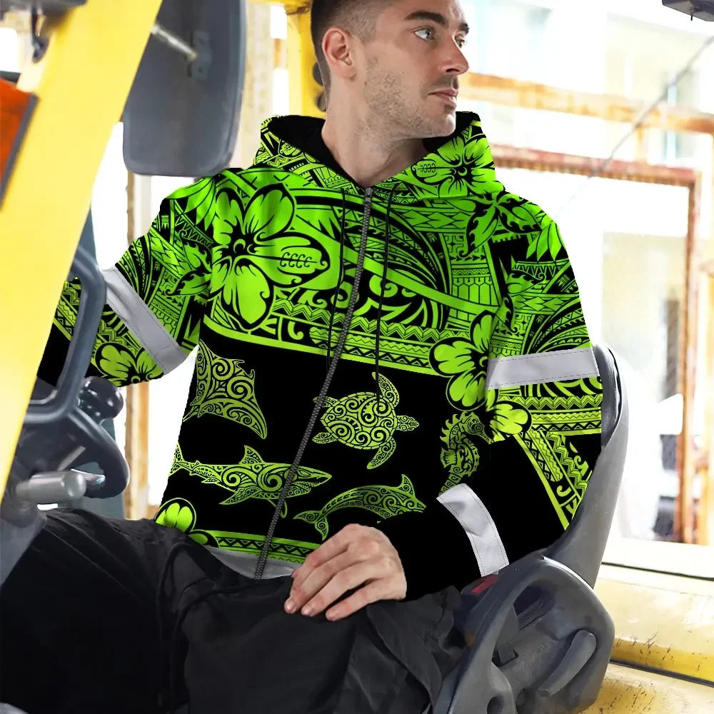 Hi Vis Zip Hoodie Reflective Tapes Green Neon Hawaiian Polynesian Tribal Custom Name Safety Workwear For Workers, Truckers, Operators