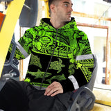 Hi Vis Zip Hoodie Reflective Tapes Green Neon Hawaiian Polynesian Tribal Custom Name Safety Workwear For Workers, Truckers, Operators