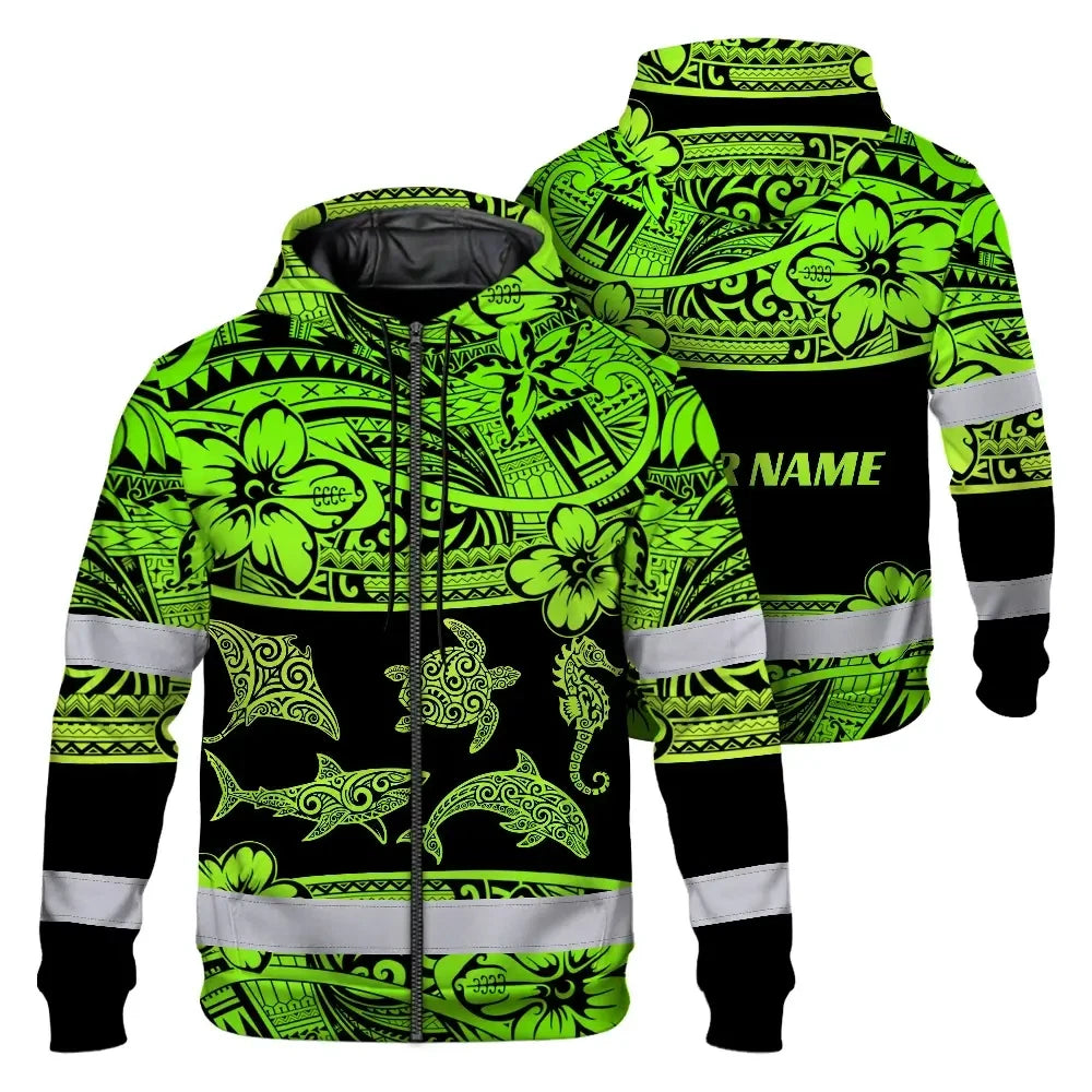Hi Vis Zip Hoodie Reflective Tapes Green Neon Hawaiian Polynesian Tribal Custom Name Safety Workwear For Workers, Truckers, Operators