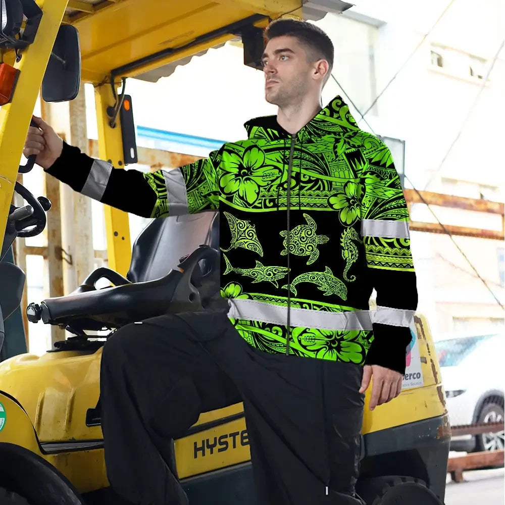Hi Vis Zip Hoodie Reflective Tapes Green Neon Hawaiian Polynesian Tribal Custom Name Safety Workwear For Workers, Truckers, Operators