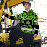 Hi Vis Zip Hoodie Reflective Tapes Green Neon Hawaiian Polynesian Tribal Custom Name Safety Workwear For Workers, Truckers, Operators