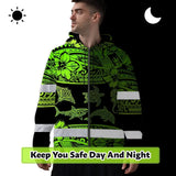 Hi Vis Zip Hoodie Reflective Tapes Green Neon Hawaiian Polynesian Tribal Custom Name Safety Workwear For Workers, Truckers, Operators